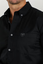 Load image into Gallery viewer, Men’s Single Pocket Logo Modern Fit Stretch Dress Shirt - Black
