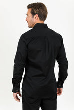 Load image into Gallery viewer, Men’s Single Pocket Logo Modern Fit Stretch Dress Shirt - Black
