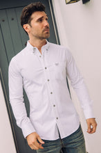 Load image into Gallery viewer, Men’s Single Pocket Logo Modern Fit Stretch Dress Shirt - White
