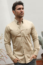Load image into Gallery viewer, Men’s Single Pocket Logo Modern Fit Stretch Dress Shirt - Beige

