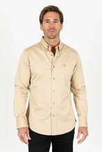 Load image into Gallery viewer, Men’s Single Pocket Logo Modern Fit Stretch Dress Shirt - Beige
