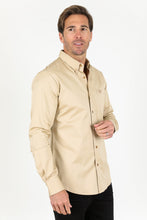 Load image into Gallery viewer, Men’s Single Pocket Logo Modern Fit Stretch Dress Shirt - Beige
