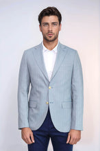 Load image into Gallery viewer, Light Blue Herringbone Pattern Gold Metal Button Slim Fit Men's Blazer Jacket - Wessi

