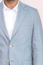 Load image into Gallery viewer, Light Blue Herringbone Pattern Gold Metal Button Slim Fit Men's Blazer Jacket - Wessi
