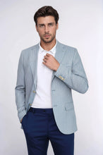 Load image into Gallery viewer, Light Blue Herringbone Pattern Gold Metal Button Slim Fit Men's Blazer Jacket - Wessi

