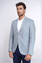 Load image into Gallery viewer, Light Blue Herringbone Pattern Gold Metal Button Slim Fit Men's Blazer Jacket - Wessi
