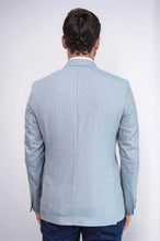 Load image into Gallery viewer, Light Blue Herringbone Pattern Gold Metal Button Slim Fit Men's Blazer Jacket - Wessi
