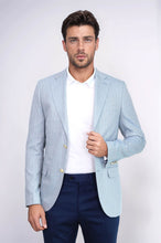 Load image into Gallery viewer, Light Blue Herringbone Pattern Gold Metal Button Slim Fit Men's Blazer Jacket - Wessi
