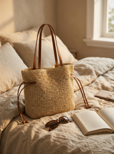 Load image into Gallery viewer, Artisanal Hand-Crocheted Straw Bucket Bag
