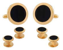 Load image into Gallery viewer, Mens Round Black Onyx Gold Cufflinks Studs Tuxedo Formal Set
