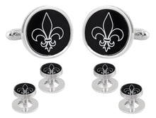 Load image into Gallery viewer, Fleur De Lis Black Silver Cufflinks Studs Tuxedo Formal Set
