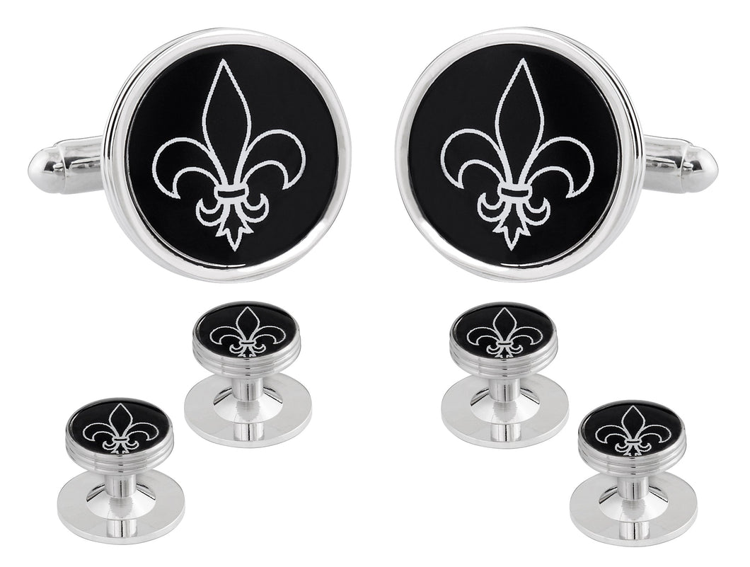 Fleur De Lis Black Silver Cufflinks Studs Tuxedo Formal Set