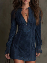 Load image into Gallery viewer, Women's Lace Trim Zip-Front Long Sleeve Mini Dress – Fitted Bodycon Boho Retro
