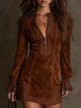 Load image into Gallery viewer, Women's Lace Trim Zip-Front Long Sleeve Mini Dress – Fitted Bodycon Boho Retro
