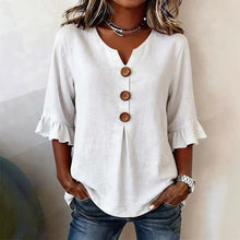 Load image into Gallery viewer, Women's Cotton Linen V-Neck Button-Up Blouse — Summer Casual Top

