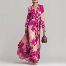 Load image into Gallery viewer, Women's Printed Chiffon Long Sleeve V-Neck Tie-Up Maxi Dress — Floral Fairy Dress
