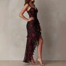 Load image into Gallery viewer, Women's Floral Print Strap Ruffle Hem A-Line Midi Dress — High-Waist Sundress
