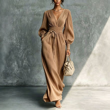 Load image into Gallery viewer, Women's Deep V-Neck Pleated Bishop Sleeve Smocked Waist Maxi Dress
