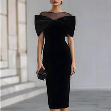 Load image into Gallery viewer, One-Shoulder Velvet Gold Thread Dress – Elegant Midi Dress in Black &amp; Red
