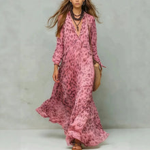 Load image into Gallery viewer, Women's Leopard Print Chiffon Deep V-Neck Flared Maxi Dress | Three-Quarter Sleeve Beach Vacation Dress
