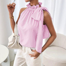 Load image into Gallery viewer, Women's Striped Sleeveless Top – Ruffle High Neck Lace Trim Tie-Knot Bow Blouse

