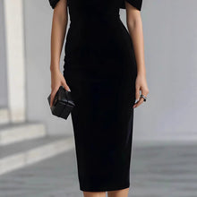 Load image into Gallery viewer, One-Shoulder Velvet Gold Thread Dress – Elegant Midi Dress in Black &amp; Red
