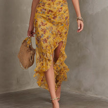 Load image into Gallery viewer, Women's Halter Neck Deep V Floral Maxi Dress | Ruffle Split Waist-Cinching Boho Dress

