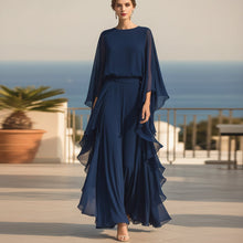 Load image into Gallery viewer, Deep Blue Ruffle Wide-Leg Pants Set – Elegant Two-Piece Batwing Sleeve Outfit for Women
