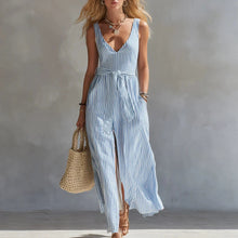 Load image into Gallery viewer, Women's Blue &amp; White Striped Maxi Dress | V-Neck Waist-Tie Side Split Beach Dress
