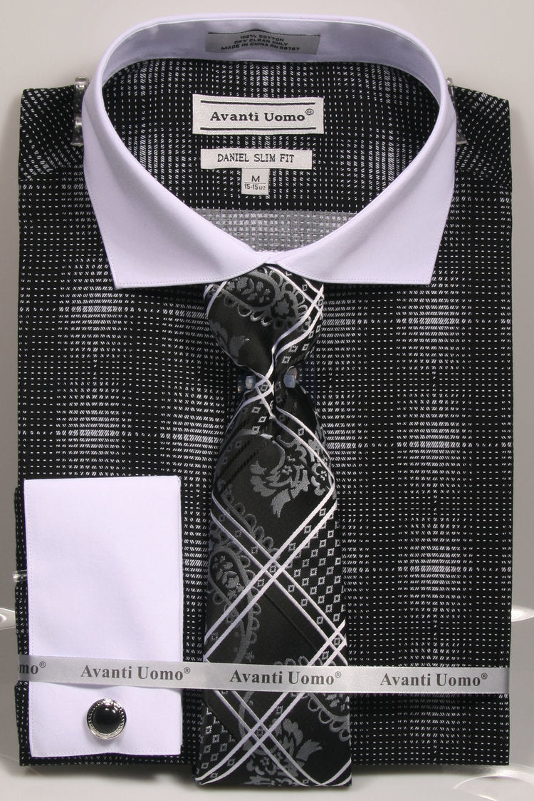 Avanti Uomo French Cuff 100% Cotton Men's Dress Shirt DNS03 Black (Slim Fit)