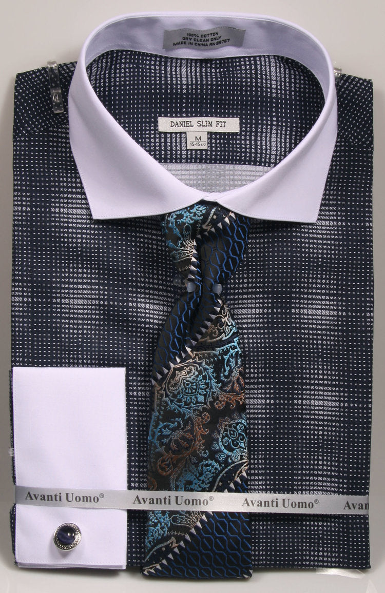Avanti Uomo French Cuff 100% Cotton Men's Dress Shirt DNS03 Navy (Slim Fit)