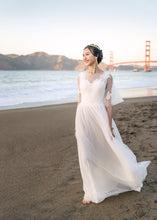 Load image into Gallery viewer, Short Sleeves A-line light-weight lace applique tulle mini wedding dress
