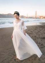 Load image into Gallery viewer, Short Sleeves A-line light-weight lace applique tulle mini wedding dress

