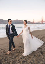 Load image into Gallery viewer, Short Sleeves A-line light-weight lace applique tulle mini wedding dress
