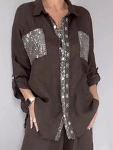 Load image into Gallery viewer, Women's Sequin Pocket Button-Up Shirt &amp; Wide-Leg Pants Set

