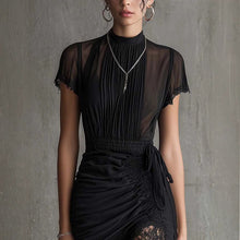 Load image into Gallery viewer, Black Lace Patchwork Slit Midi Dress – Slim-Fit High-Waist See-Through Dress for Women
