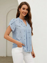 Load image into Gallery viewer, Women's V-Neck Heart Print Blouse – Petal Sleeve Pleated Front Elegant Top
