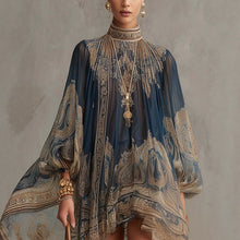 Load image into Gallery viewer, Navy Blue Printed Puff Sleeve Stand Collar Dress – Loose Boho Asymmetric Hem Dress for Women

