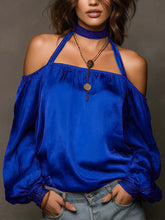 Load image into Gallery viewer, Women's Halter Neck Satin Blouse | Shoulder-Baring Long Sleeve Top in 5 Colors
