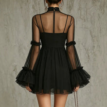Load image into Gallery viewer, Women's Floral Embroidered Sheer Lace Dress — High Neck Flared Sleeve

