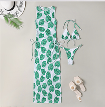 Load image into Gallery viewer, Women's Solid Color Three-Piece Bikini Set with Maxi Dress Cover-Up
