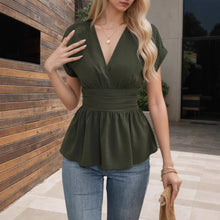 Load image into Gallery viewer, Women's V-Neck Fitted Waist Peplum Top – Ruched Waistband Cap Sleeve Pleated Hem Blouse
