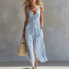 Load image into Gallery viewer, Women's Blue &amp; White Striped Maxi Dress | V-Neck Waist-Tie Side Split Beach Dress
