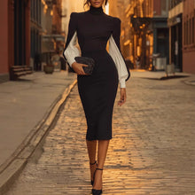 Load image into Gallery viewer, Elegant High Neck Color Block Sheath Dress with Side Slit
