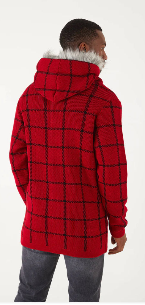 Lagos Red Exclusive Men's Red Plaid Long Sweaters | Fur Hoodie