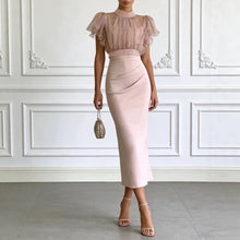 Load image into Gallery viewer, Pink Mesh Lace-Up Waist Two-Piece Dress Set – Elegant Long Skirt &amp; Top
