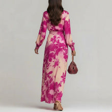 Load image into Gallery viewer, Women's Printed Chiffon Long Sleeve V-Neck Tie-Up Maxi Dress — Floral Fairy Dress
