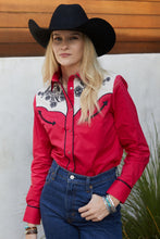 Load image into Gallery viewer, Ladies Cotton Red Embroidery Western Shirt With Suede
