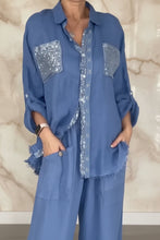 Load image into Gallery viewer, Women's Sequin Pocket &amp; Placket Oversized Shirt &amp; Wide-Leg Pants Set
