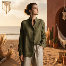 Load image into Gallery viewer, Women's Loose Cotton Linen Long Sleeve Shirt — Flip Collar
